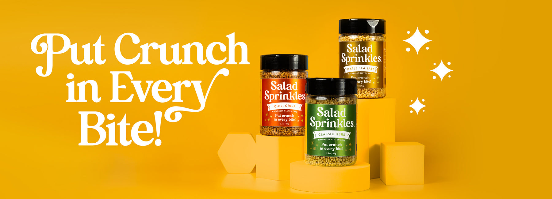 Image of three bottles of salad sprinkles featuring large headline stating "put crunch in every bite"